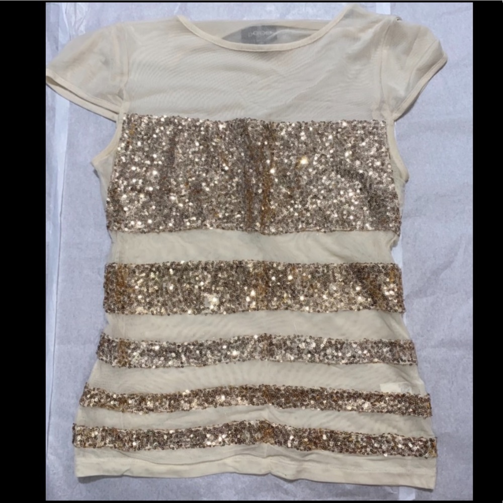 Bebe Nude and Gold Sequined Shirt